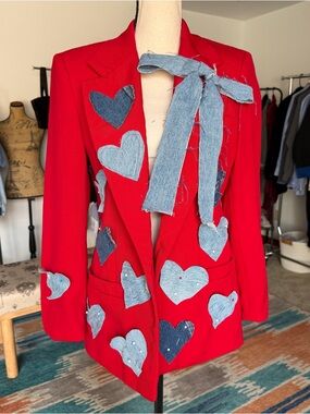 Upcycled Vintage Red Wool Blazer with Denim Hearts - Made in USA
